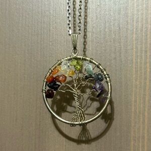 VINTAGE Genuine Stone rainbow wired tree of life pendant long necklace